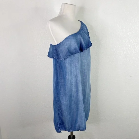 Anthropologie Cloth & Stone Chambray Ruffle One Shoulder Dress - Picture 5 of 9
